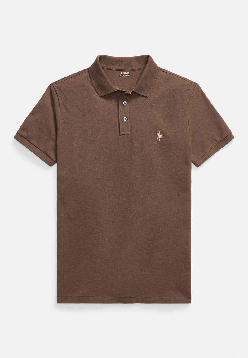 Braunes Poloshirt aus strukturiertem Stoff, mit Kragen, dreiknöpfiger Knopfleiste und gesticktem Logo auf der linken Brust.