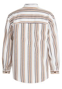 Chemise blanche à manches longues avec des rayures verticales marron et noires, poignets boutonnés et un ourlet droit, vue de dos.
