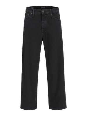Black straight-leg denim jeans with button and zipper closure, belt loops, and front and back pockets.