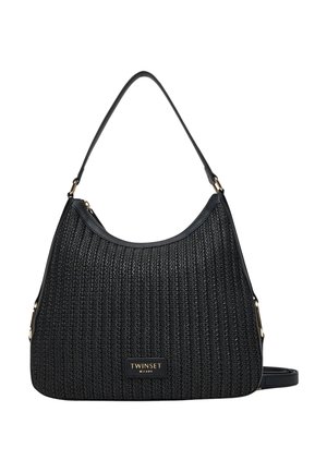 Sac à main tissé noir avec une seule bandoulière et une petite étiquette rectangulaire indiquant Twinset Milano au centre avant.