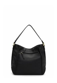 Černá kožená kabelka přes rameno s texturovaným povrchem, zakřiveným vrchním okrajem a přední kapsou na zip. Má jeden řemen a kovové doplňky ve zlaté barvě.