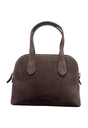 Dunkelbraune Veloursleder-Handtasche mit zwei Griffen, einem abgerundeten Oberteil und einem Reißverschluss, auf weißem Hintergrund.