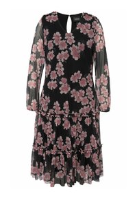 Vestido negro con estampado floral y mangas largas de tul, con flores rosa y blancas, escote en forma de llave y detalles de volantes en el dobladillo.