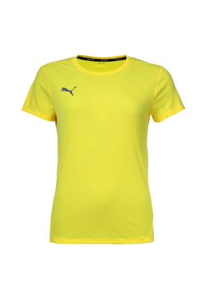 Gelbes Sport-T-Shirt aus strukturiertem Stoff, mit einem schwarzen Puma-Logo auf der linken Brust und einem schwarzen RUN Y-Label im Kragen.