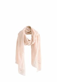 Écharpe légère en rose pâle, fabriquée en tissu transparent, ornée d'une subtile broderie florale et d'une texture délicate, conçue dans une forme longue et rectangulaire.