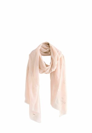 Light pink scarf made of sheer fabric, featuring subtle floral embroidery and a delicate texture, designed in a long, rectangular shape.