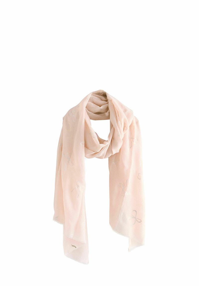 Écharpe légère en rose pâle, fabriquée en tissu transparent, ornée d'une subtile broderie florale et d'une texture délicate, conçue dans une forme longue et rectangulaire.