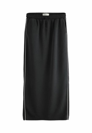 Must lähedastega sportlik seelik, millel on elastne vöökoht, küljetaskud ja valged triibud külgedel. Valmistatud siledast ja paindlikust kangast.