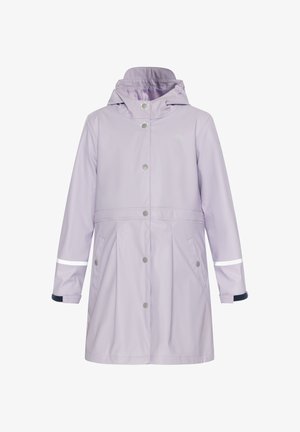 Light purple waterproof raincoat with a hood, snap buttons, two side pockets, and reflective accents on sleeves. Smooth texture, knee-length.