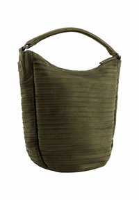 Sac à main en cuir vert olive avec un design texturé et nervuré. Il est doté d'une poignée courbée et d'une fermeture éclair sur le dessus.