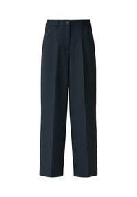 Donkerblauwe, wijde broek met verticale streepdessin, geplooide voorkant en een knoopsluiting, gemaakt van lichtgewicht stof.