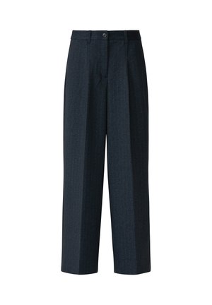 Pantalons larges bleu foncé avec des rayures verticales, devant plissé et fermeture à bouton, fabriqués en tissu léger.