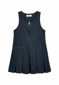 Rochie plisată bleumarin cu decolteu rotund, design fără mâneci, închidere frontală cu fermoar și detaliu din metal în formă de inimă argintie la gât.