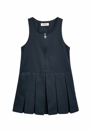 Rochie plisată bleumarin cu decolteu rotund, design fără mâneci, închidere frontală cu fermoar și detaliu din metal în formă de inimă argintie la gât.