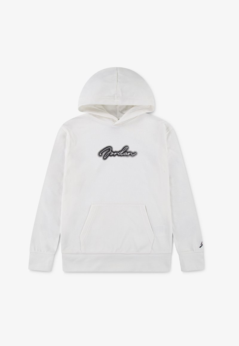 Haut à capuche blanc avec une poche à l'avant, capuche avec cordon de serrage et logo "Jordan" brodé en noir. Tissu doux avec une texture lisse.