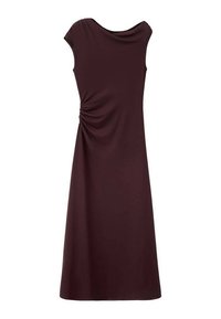 Mouwloze midi-jurk in donker bordeauxrood met een gerimpeld detail aan de linkerkant en een subtiele boothals.