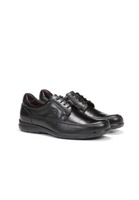 Chaussures en cuir noir avec une texture lisse, bout arrondi et fermeture à lacets. Dispose de détails de couture subtils et d'une semelle en caoutchouc pour une meilleure adhérence.