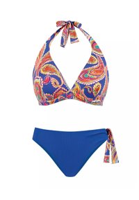 Zestaw bikini z żywym wzorem paisley na niebieskiej bluzce na halter, z jednolitym niebieskim dołem i wiązaniem z boku.
