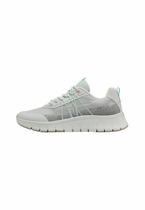 Light gray athletic shoe featuring a mesh upper, textured gray accents, turquoise laces, and a cushioned white sole with grooves.
