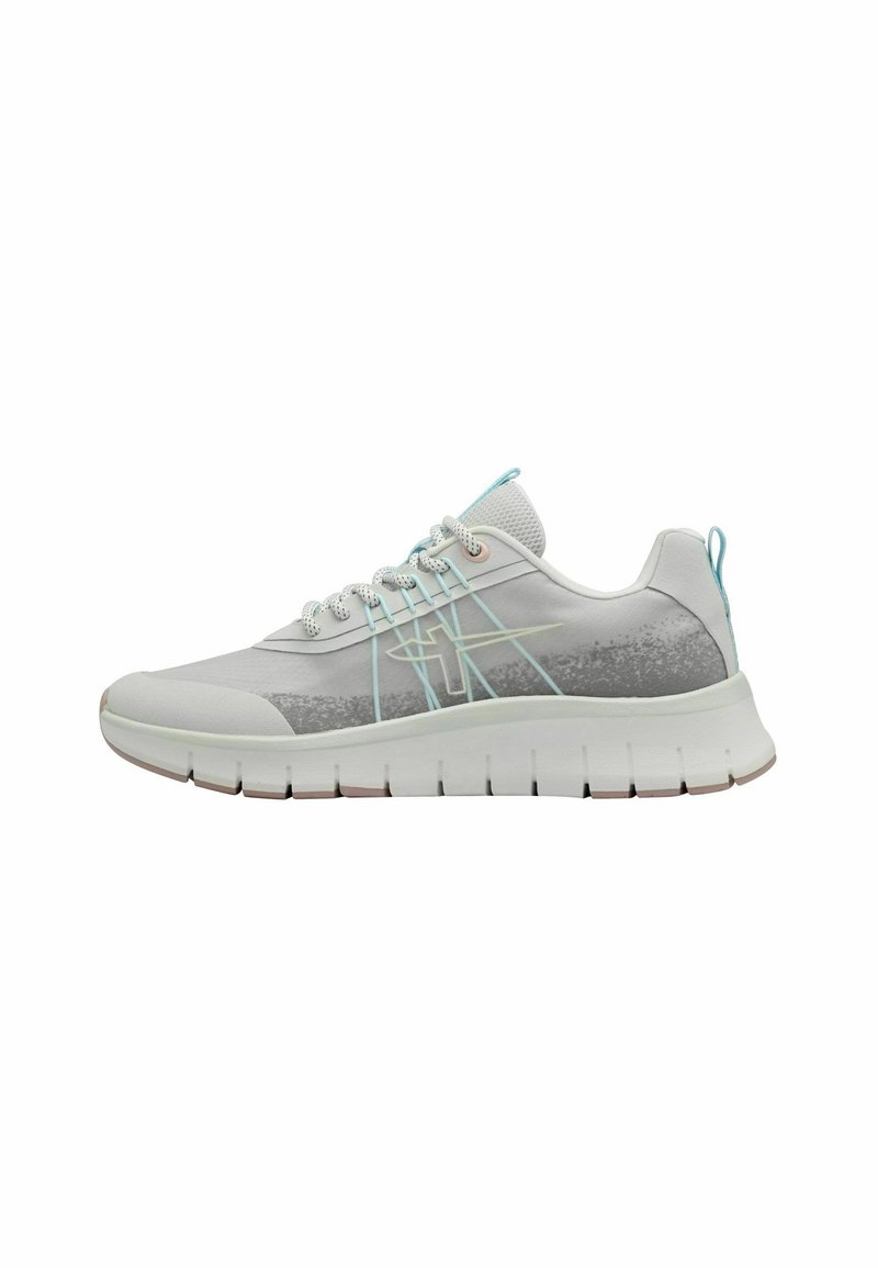 Hellgrauer Sportschuh mit einem Obermaterial aus Mesh, strukturierten grauen Akzenten, türkisfarbenen Schnürsenkeln und einer gepolsterten weißen Sohle mit Rillen.