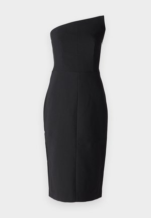 Rochie neagră, potrivită, cu un design pe umărul unul. Fabricată dintr-un material neted, având un corset structurat și o fustă până la genunchi. Fără închideri vizibile.