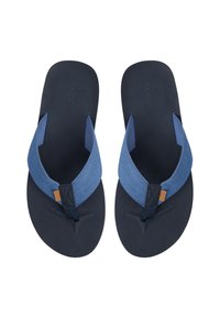 Infradito blu con una morbida soletta testurizzata, fasce in tessuto blu a contrasto e un piccolo logo marrone sulla fascia.