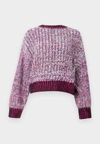 Suéter cropped texturizado com um padrão multicolorido em tons de rosa, roxo e branco. Gola e punhos canelados.