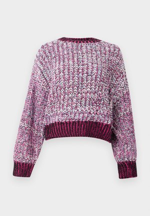Suéter cropped texturizado com um padrão multicolorido em tons de rosa, roxo e branco. Gola e punhos canelados.