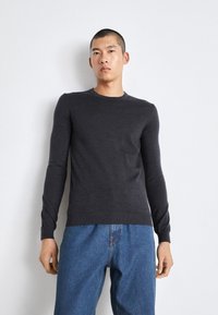Tumehall pikkade varrukatega svett, mis on vormitud disainiga ja ümmarguse kaelusega, valmistatud siledast kudumkangast. Minimalistlik stiil ribitud mansettidega.