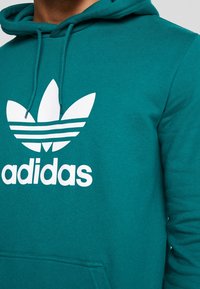 Teal hoodie med vit Adidas trefoil-logotyp och ordmärke över bröstet, med en framficka och dragsnören på huvan.