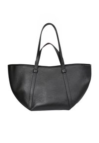 Borsa tote in pelle nera con texture a ciottoli, forma ampia, due manici superiori e design aperto in cima. Presenta bordi minimalisti e lisci.