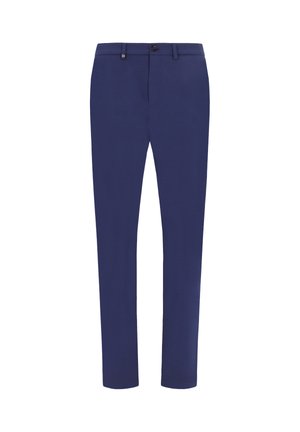 Pantaloni eleganti blu navy da uomo, aderenti, con passanti per cintura, chiusura a bottone e zip, mostrati su sfondo bianco.