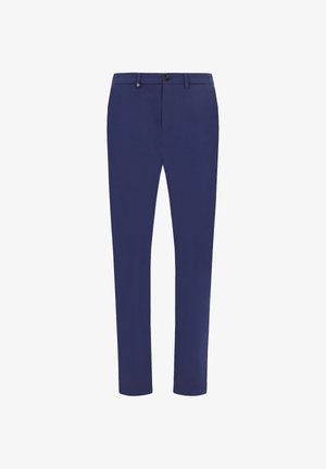 Pantaloni eleganti blu navy da uomo, aderenti, con passanti per cintura, chiusura a bottone e zip, mostrati su sfondo bianco.