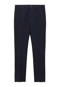 Marinblå dressbyxor med en jämn textur, flat front, två sidofickor och en enda knappstängning i midjan.