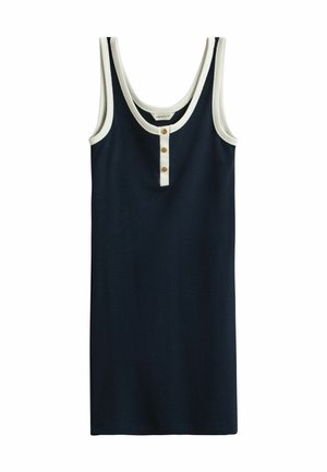 Abito senza maniche blu navy con rifiniture bianche intorno al collo e alle aperture per le braccia, con una patta bianca con tre bottoni.