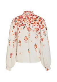 Blouse crème à manches longues avec motif floral orange et rouge, poignets froncés et col classique, vue de dos.