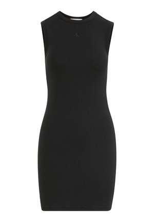 Robe noire sans manches en tissu lisse et extensible. Elle présente un col montant et un petit logo embossé sur la poitrine. Coupe ajustée.