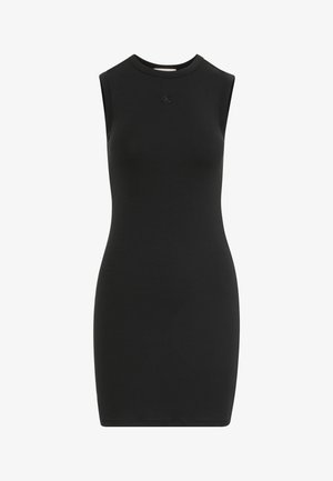 Robe noire sans manches en tissu lisse et extensible. Elle présente un col montant et un petit logo embossé sur la poitrine. Coupe ajustée.
