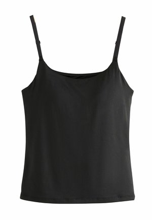 Schwarzes ärmelloses Tanktop mit dünnen verstellbaren Trägern und geradem Ausschnitt.