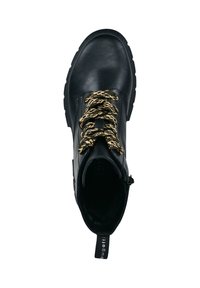 Schwarze Lederstiefelette mit runder Spitze, strukturiertem Obermaterial und goldgesprenkelten Schnürsenkeln. Verfügt über einen Reißverschluss und eine Fersenschlaufe für einfaches An- und Ausziehen.