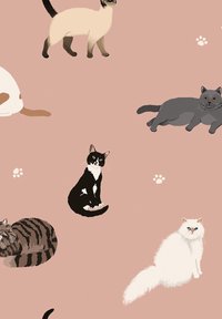 Gemusterter Stoff mit verschiedenen Katzenillustrationen in Creme-, Grau-, Schwarz- und Weißtönen auf einem hellrosa Hintergrund.