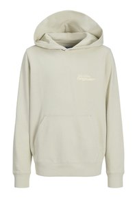 Helle beige Kapuzenjacke aus weichem Stoff; verfügt über eine Fronttasche, gerippte Bündchen und eine lockere Passform mit Kordelzugkapuze.