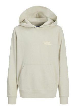 Helle beige Kapuzenjacke aus weichem Stoff; verfügt über eine Fronttasche, gerippte Bündchen und eine lockere Passform mit Kordelzugkapuze.