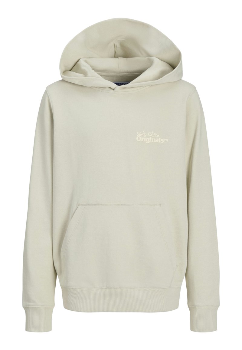 Helle beige Kapuzenjacke aus weichem Stoff; verfügt über eine Fronttasche, gerippte Bündchen und eine lockere Passform mit Kordelzugkapuze.