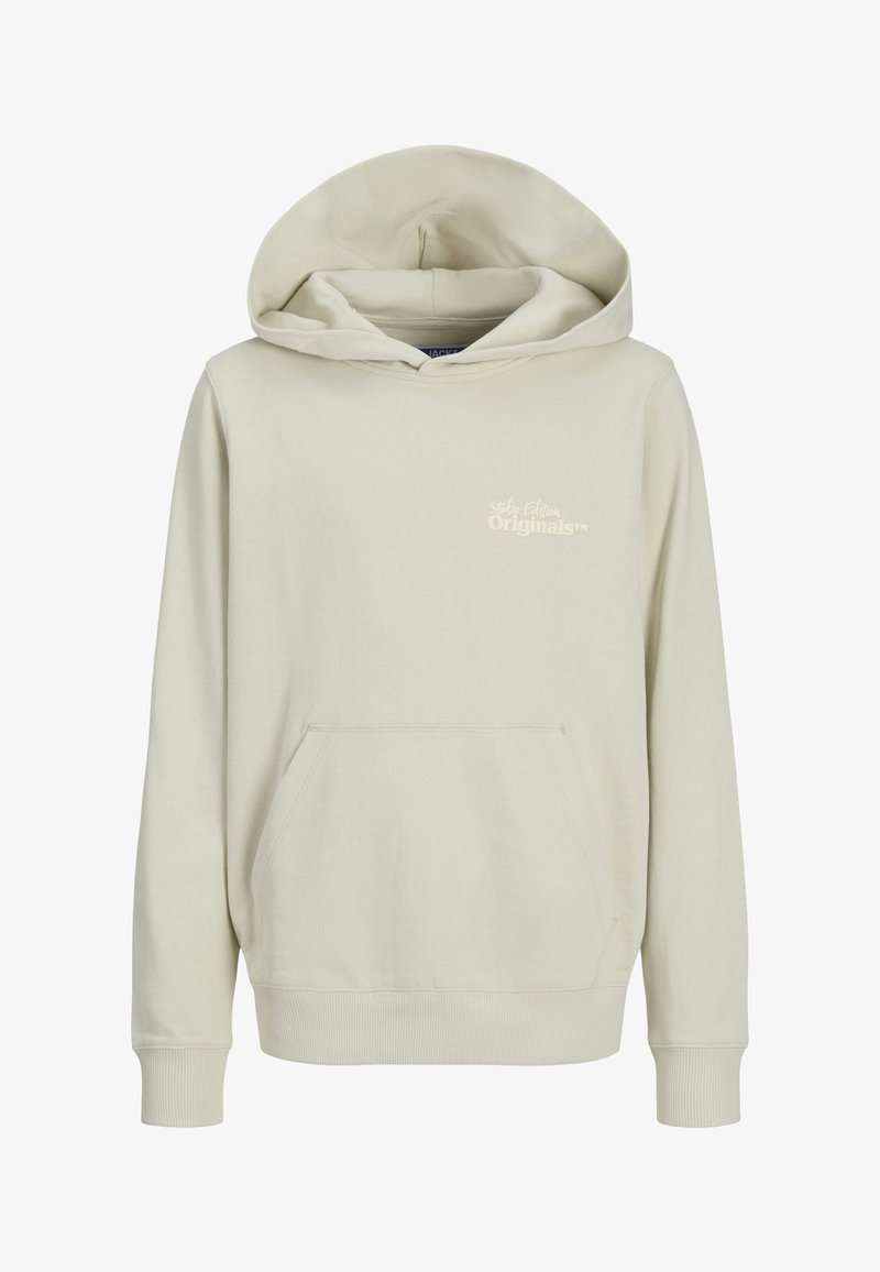 Haut à capuche beige clair en tissu doux ; dispose d'une poche avant, de poignets côtelés et d'une coupe décontractée avec un cordon de serrage.