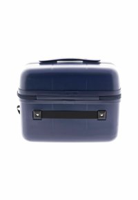 Funda rígida de color azul marino con una superficie texturizada, una correa negra y un cierre de cremallera. Cuenta con un asa en la parte superior para un fácil transporte.