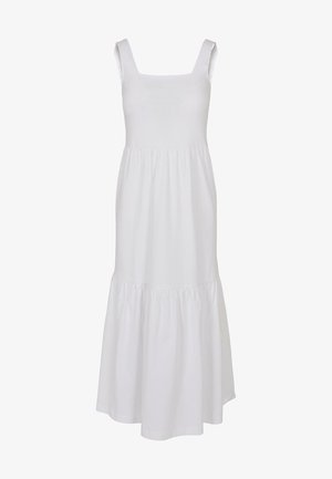 Valge puuvillane maksikleidi, millel on ruudukujuline kaelus, laiad rihmad ja kihiline seeliku disain. Pehme, sile tekstuur ja voolav siluett.