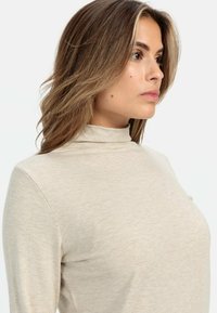 Beige, langärmliger Rollkragenpullover aus einem weichen, strukturierten Stoff. Figurbetontes Design mit einem subtilen Glanz und engem Kragen.