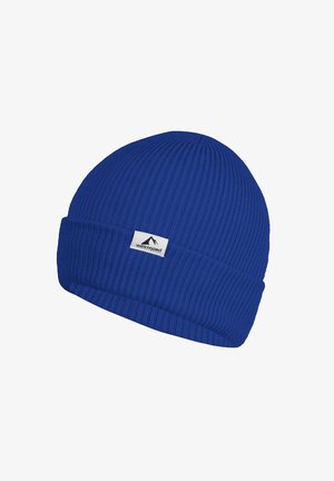 Blue knit beanie hat with folded cuff and white rectangular patch labeled "Westfjord" featuring a mountain logo.
