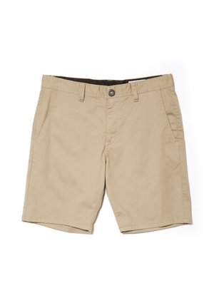 Beige afslappede shorts med bæltestropper, forlommer, knaplukning og synlige syninger, lagt fladt på hvid baggrund.
